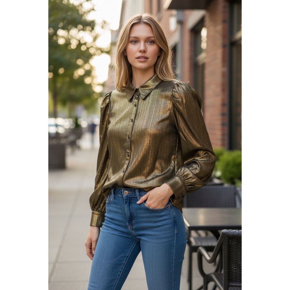 VICI Gold Metallic Puff Shoulder Button Down Blouse Long Sleeve Extra Large XL